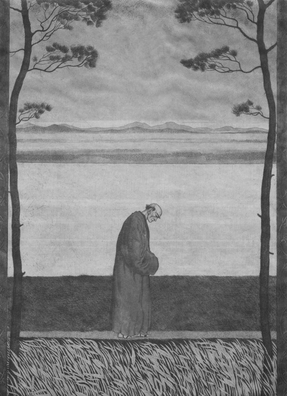 a drawing of a man standing in front of a lake