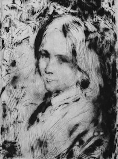 A grayscale etching depicts a person with long hair gazing softly toward the viewer. The intricate, sketch-like quality of the lines creates a textured background with floral and abstract patterns. The lighting and shadows add a sense of depth and intimacy to the figure's expression.