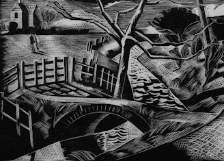 A black and white linocut-style artwork depicting a landscape with a bridge over a stream or river. In the background, there are houses with pitched roofs and several bare trees. A solitary figure walks along the pathway leading to the bridge, framed by a wooden fence.