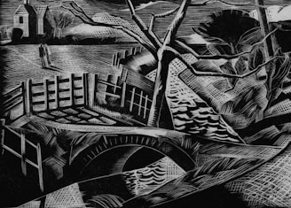 A black and white linocut-style artwork depicting a landscape with a bridge over a stream or river. In the background, there are houses with pitched roofs and several bare trees. A solitary figure walks along the pathway leading to the bridge, framed by a wooden fence.