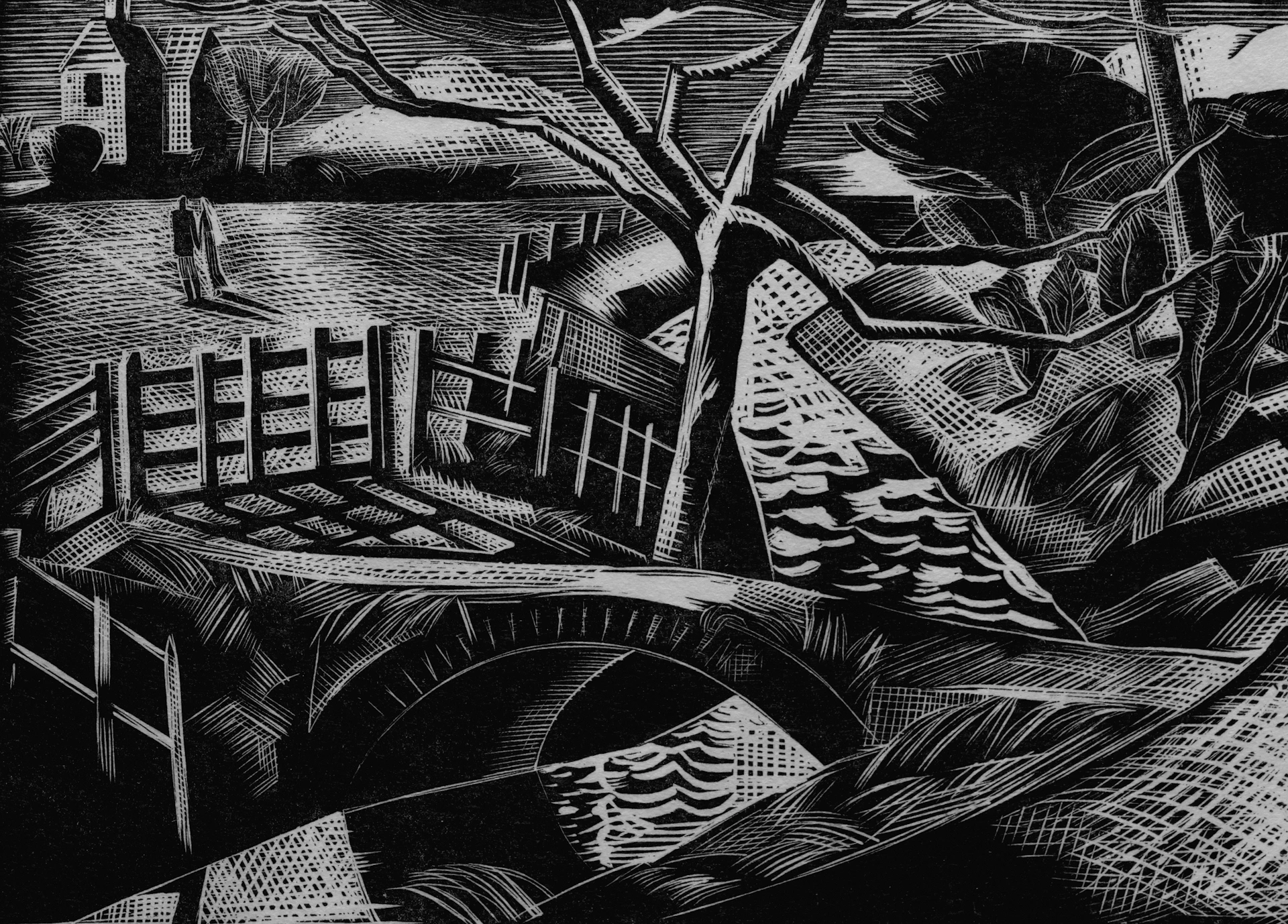 A detailed printmaking piece with fine etching lines, capturing a surreal landscape in monochrome tones.
