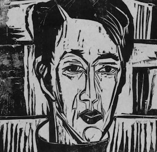 A black and white linocut portrait of a person with a solemn expression. The image features bold, angular lines and strong contrasts, emphasizing the facial features such as the eyes, nose, and lips. The background consists of abstract patterns and shapes, enhancing the starkness and intensity of the portrait.