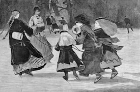 A group of women dressed in long, Victorian-period clothing are gliding across the ice. They appear to be enjoying a winter activity, surrounded by a few trees and other skaters in the background. The clothing features details like large, flared skirts and cloaks, with some women wearing hats.