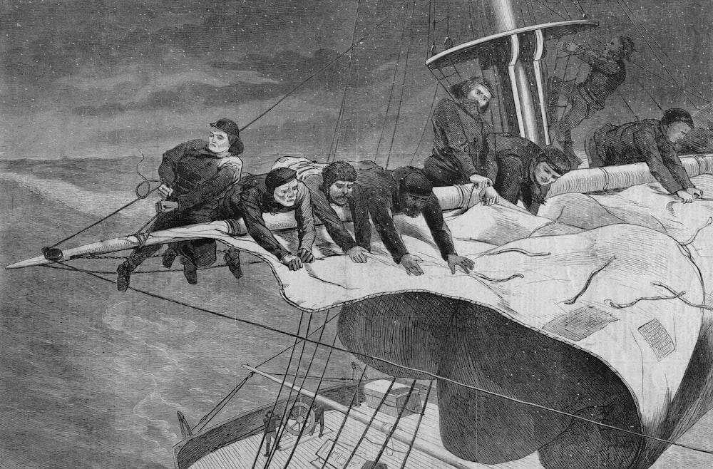 a black and white drawing of a group of people on a boat