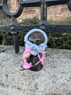 A small bronze animal sculpture is adorned with a blue knitted hat and pink knitted scarf. The sculpture is placed on a stone ledge in front of a wrought iron fence, with blurred greenery and a brick building in the background.