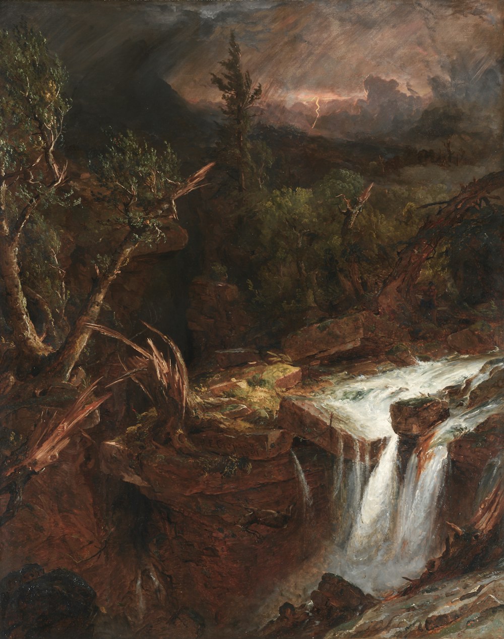 a painting of a waterfall in a rocky landscape