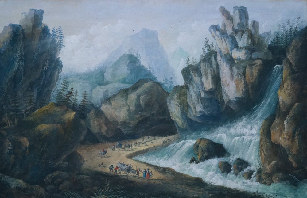 a painting of a waterfall with people on it