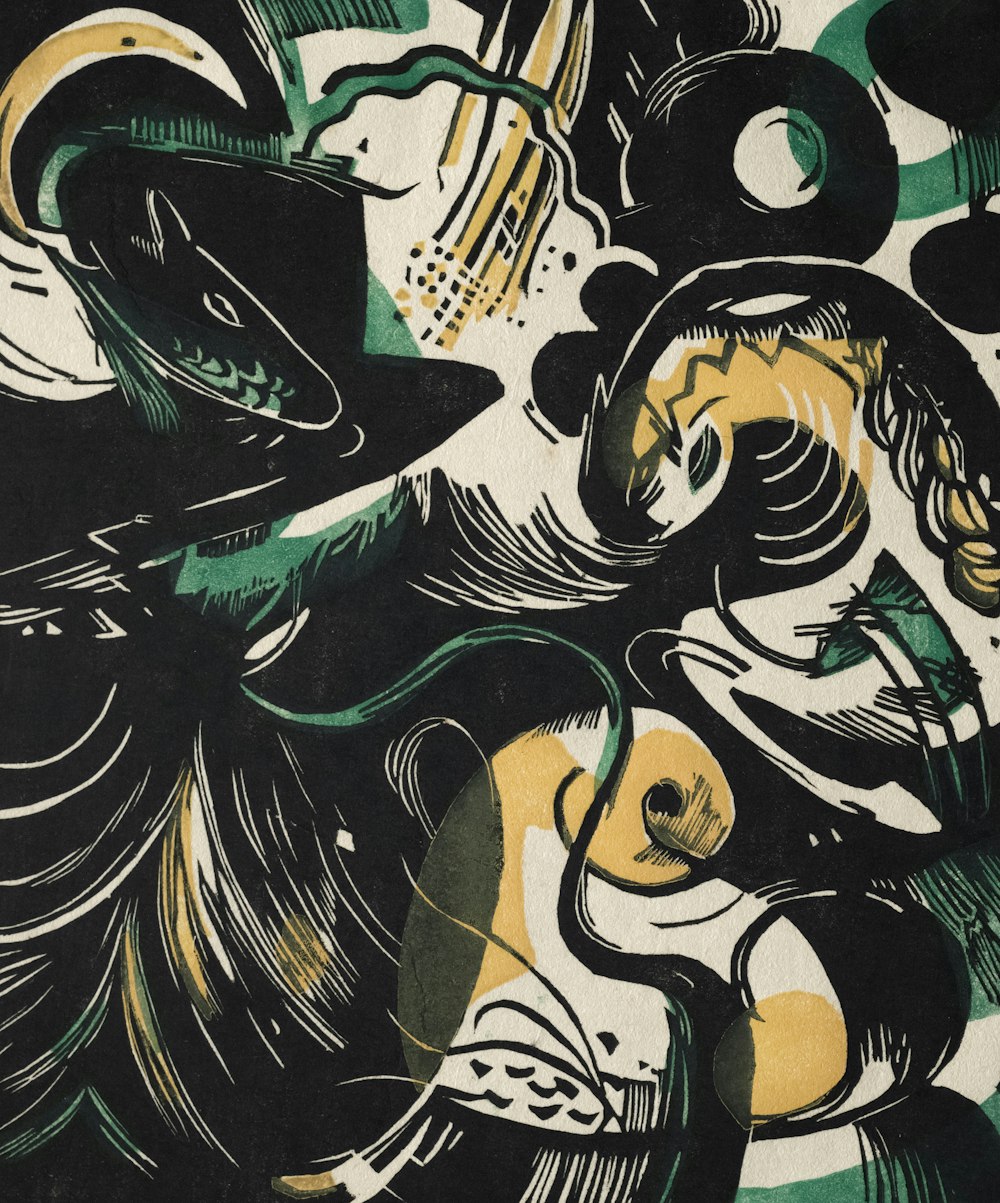 an abstract painting with black, yellow, and green colors