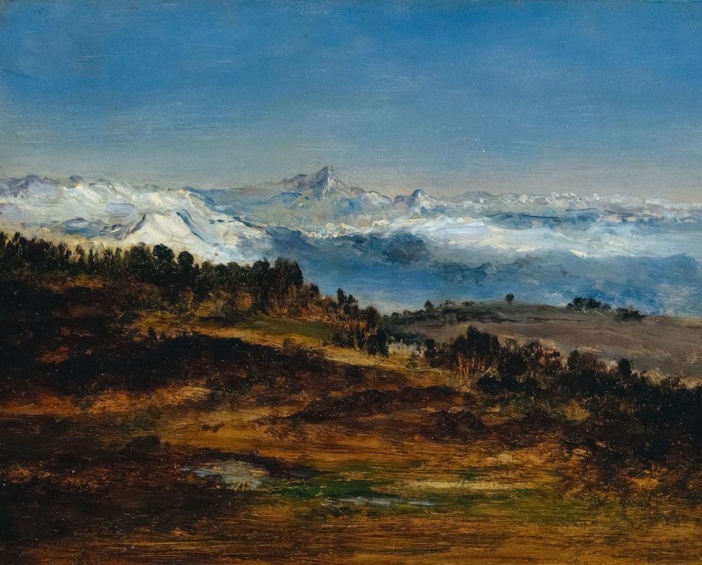 a painting of a mountain range with clouds in the sky