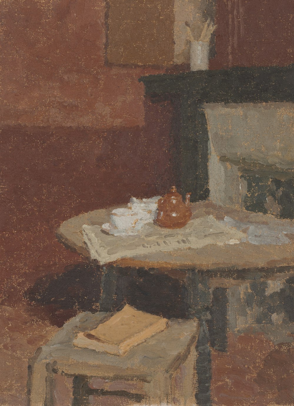 uma pintura de uma mesa com um bule de chá sobre ela