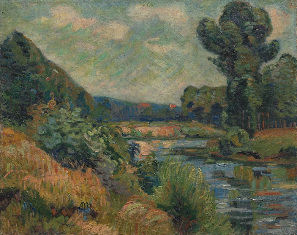 a painting of a river with trees in the background