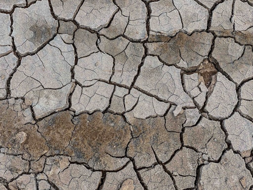 A cracked and parched surface of the ground, resembling a mosaic of irregular, angular shapes. The cracks form a network across the earth, with varying shades of gray and brown indicating dryness and lack of moisture.