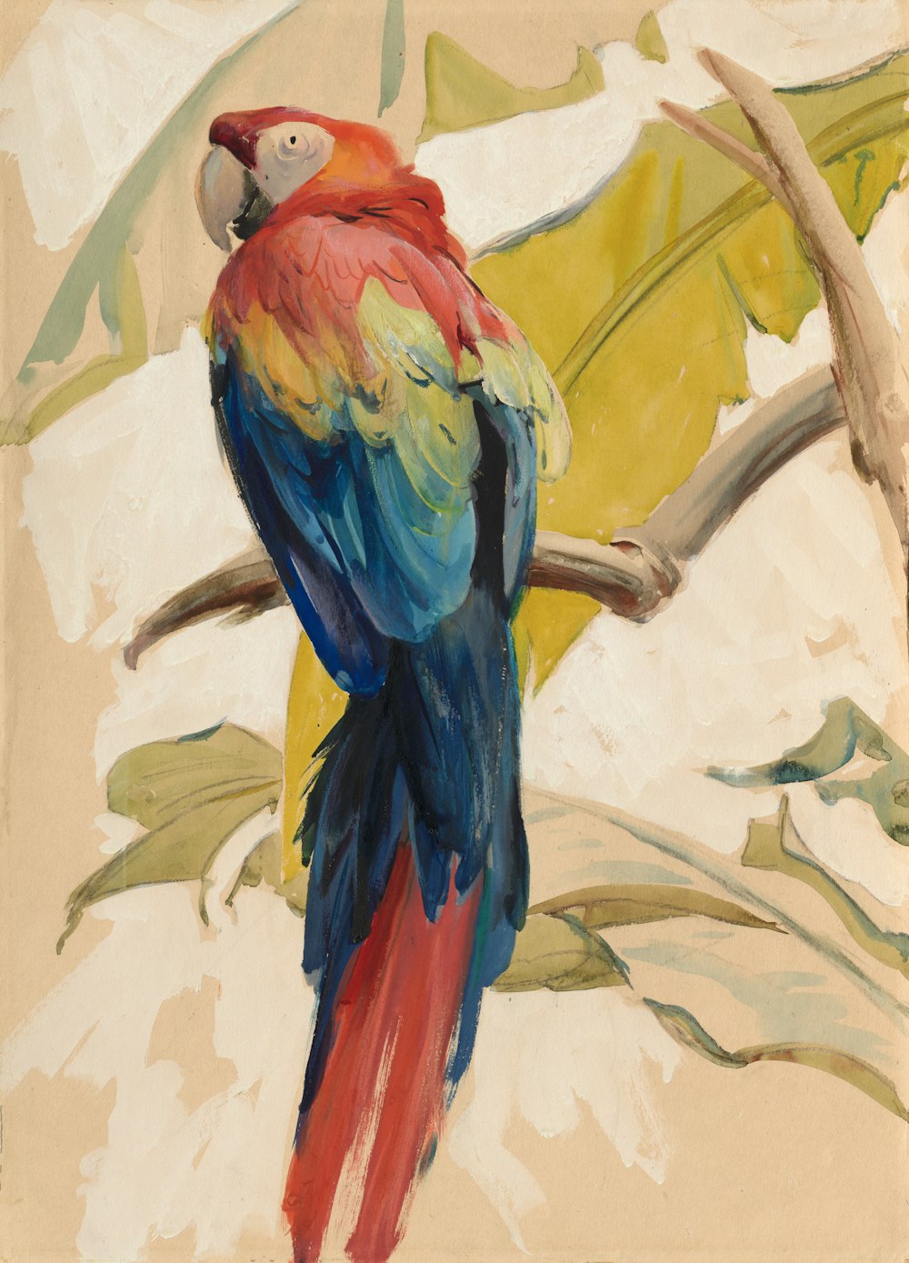 a painting of a colorful bird sitting on a branch