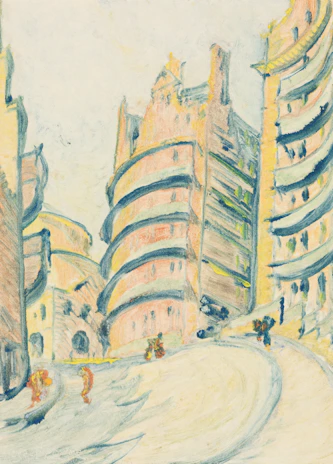 A time-lapse sequence frozen mid-progress, illustrating the evolution of a cityscape painting.