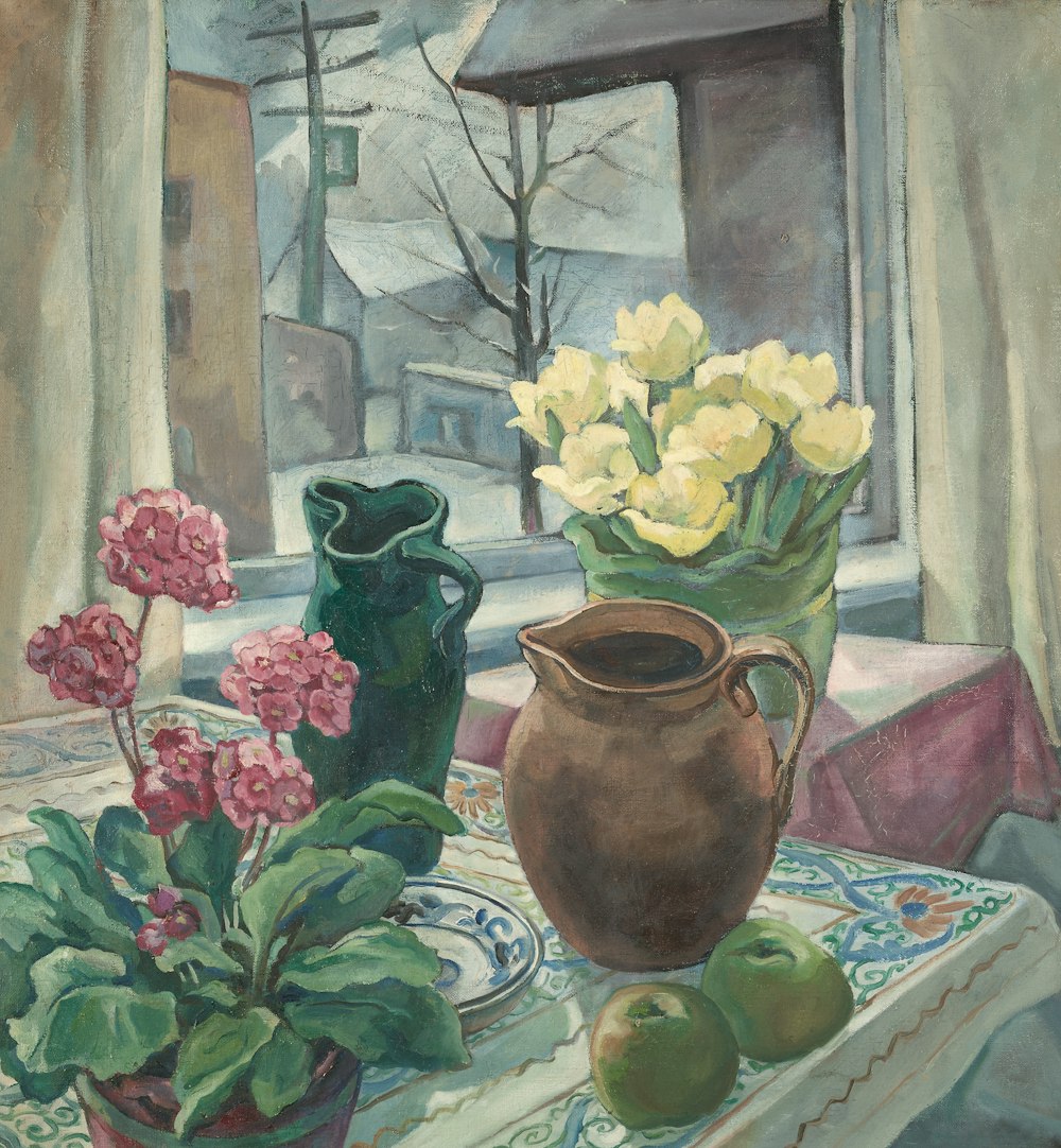 una pintura de un jarrón y flores sobre una mesa