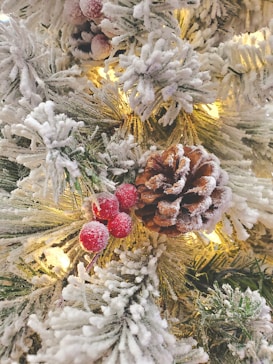 A close-up view of a pine cone surrounded by snow-covered branches and clusters of bright red berries. The artificial snow on the foliage creates a wintry, festive atmosphere.