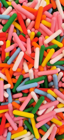 A vibrant display of colorful confetti and candies.