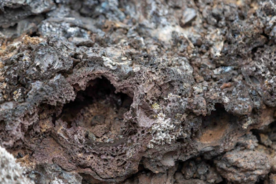 Close-up of a small geopolymetric pot with violet iron oxide texture and volcanic greba black notes, shimmering mica highlights.