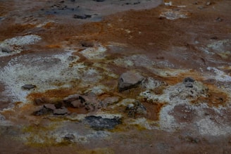 A barren landscape with a rugged surface, featuring patches of white, gray, and rusty orange hues. The ground is uneven, with rocky textures and small stones scattered across the area, indicating a dry, desolate environment.