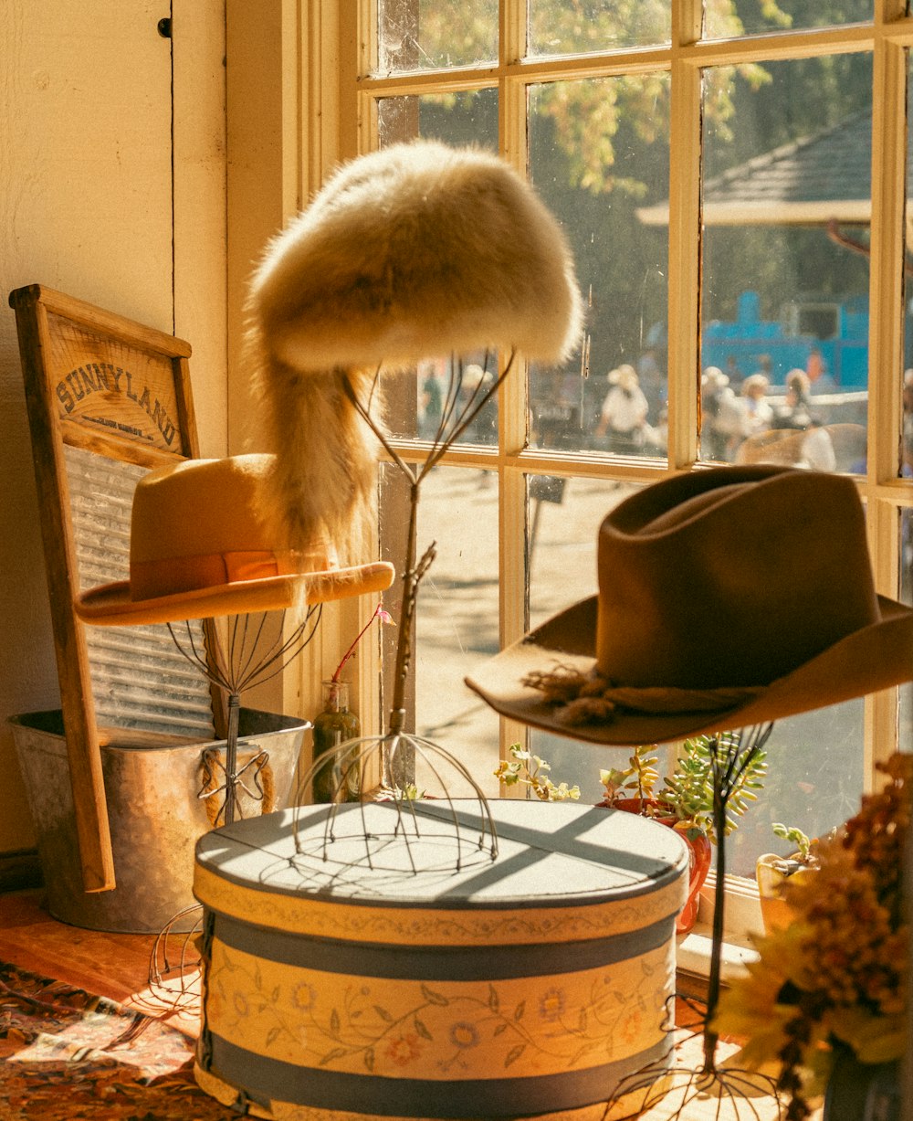 a hat and a hat stand in front of a window