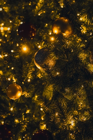 Close-up of a beautifully decorated Christmas tree with twinkling lights and ornaments.