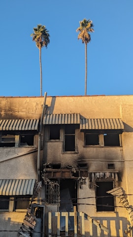 A burnt and damaged building facade with broken windows and charred surfaces. Striped awnings hang down haphazardly, and debris is scattered around. Two tall palm trees stand prominently against a clear blue sky in the background.