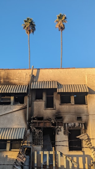 A burnt and damaged building facade with broken windows and charred surfaces. Striped awnings hang down haphazardly, and debris is scattered around. Two tall palm trees stand prominently against a clear blue sky in the background.