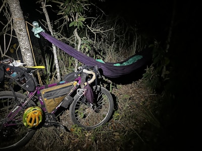 A bicycle equipped with various bags is parked against trees at night. A purple hammock is hung between two trees, with a green sleeping pad visible inside. The scene is dimly lit, suggesting a camping setup in a forest.