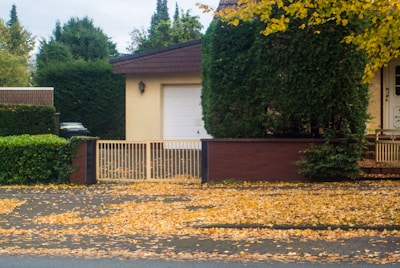 A suburban setting featuring a house with a closed white garage door and a fence with a gate. Trees and bushes with lush green foliage surround the area, and the ground is covered in fallen yellow leaves, indicating an autumn season.