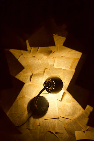 Close-up of a unique lamp base shaped like an open Bible, casting gentle shadows on a wooden table.