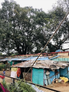 A row of makeshift houses with tin roofs and wooden support structures. The structures are colorful, made from different materials, and are surrounded by lush green trees and vegetation. In the foreground, a couple of people are visible near the houses, one wrapped in a blanket and another walking nearby.
