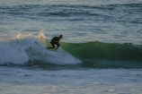 A surfer in a wetsuit is riding a wave in the ocean, skillfully balancing on the surfboard as the water splashes around them. The scene captures the dynamic motion and energy of surfing in an expansive seascape.
