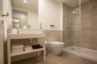 a white toilet sitting next to a walk in shower