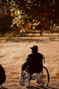 A solitary person in a wheelchair is positioned under a tree with autumn leaves, gazing into an open field. The individual is wearing a hat and a dark jacket, and the image conveys a sense of stillness and contemplation.