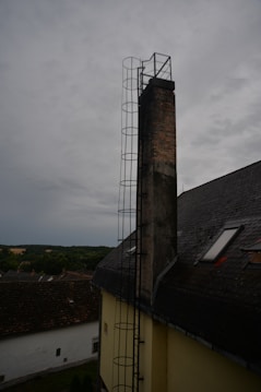 A tall brick chimney with a metal ladder structure stands next to a building with a dark shingled roof. The sky is overcast, and the background shows a landscape of rooftops and distant greenery.