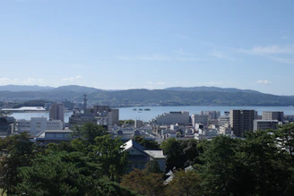 A stunning view of Vancouver's downtown skyline with waterfront and mountains in the background under clear blue sky.