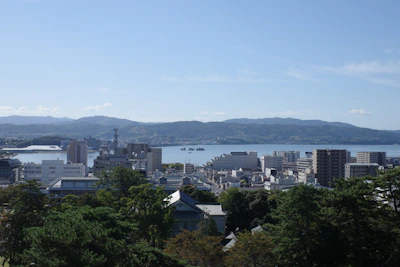 A stunning view of Vancouver's downtown skyline with waterfront and mountains in the background under clear blue sky.