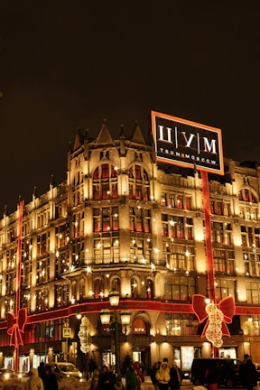 A commercial building adorned with elegant custom holiday lights, showcasing festive cheer and professional design.