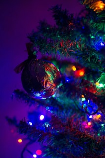 A Christmas tree adorned with a variety of colorful lights and a decorative ornament. The dark setting makes the lights stand out with vibrant hues, creating a festive and cozy atmosphere.