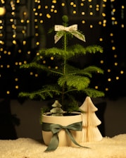 A small potted tree is adorned with a festive bow at the top. The pot is decorated with a green ribbon tied around it, and two tree-shaped ornaments are placed next to it. Soft, warm lights in the background create a cozy atmosphere.
