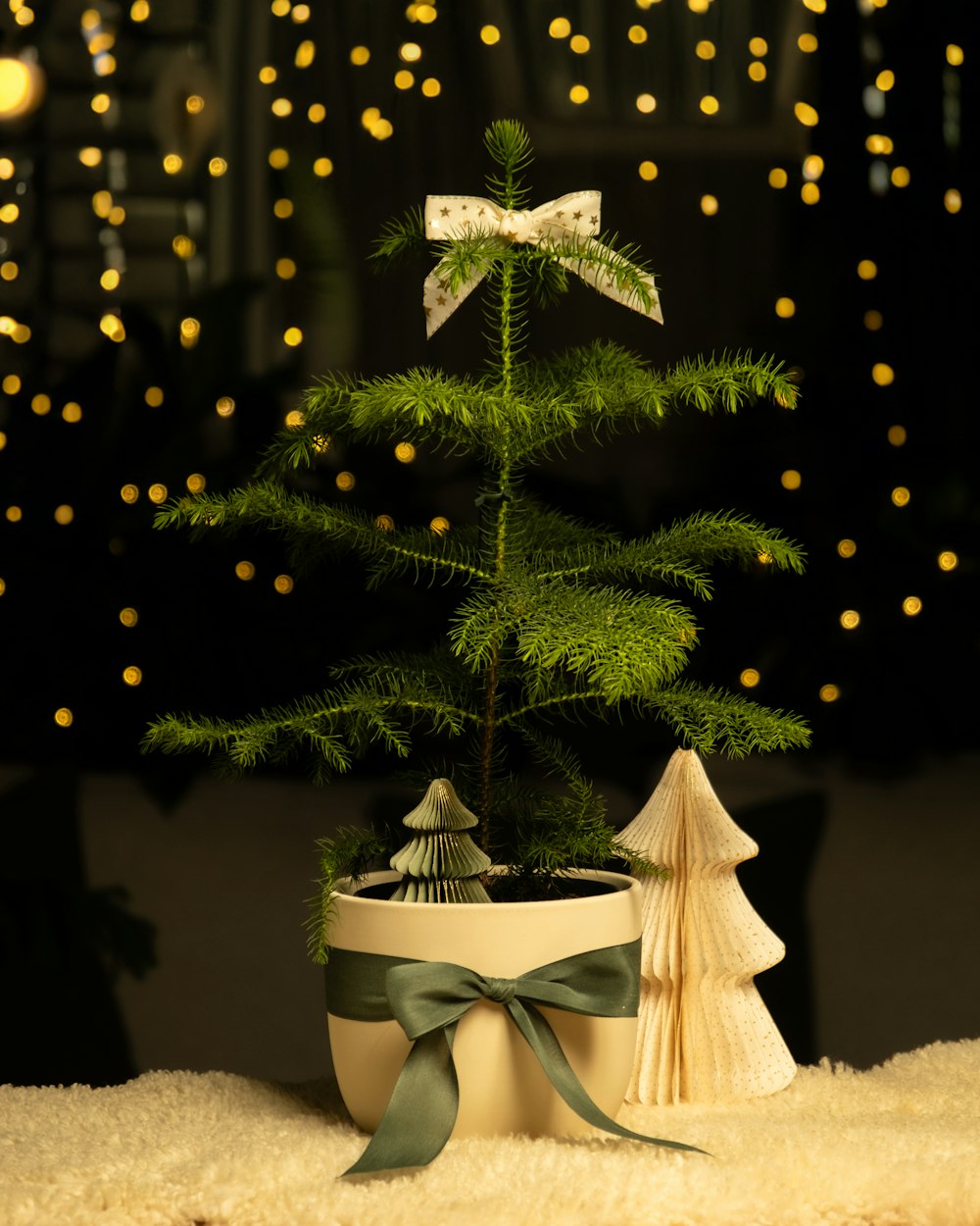 Uma pequena árvore de Natal em um vaso branco