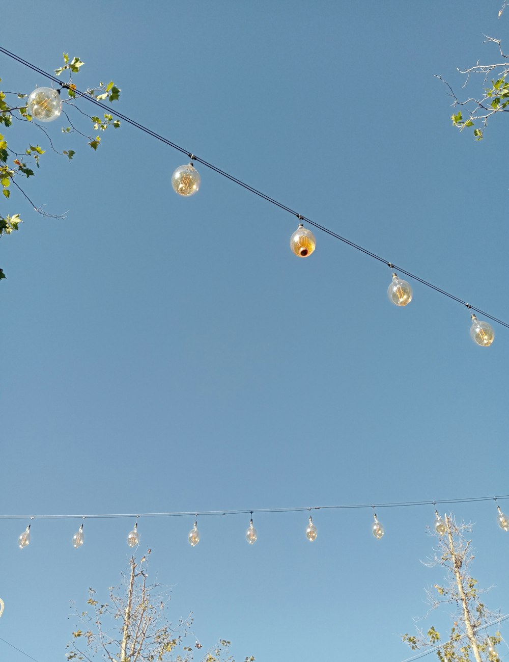 a bunch of lights hanging from a wire