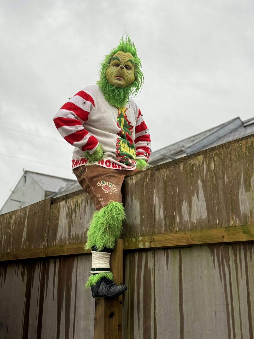 a man in a green costume standing on top of a wooden fence