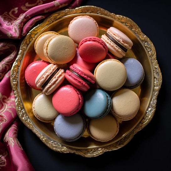A variety of colorful macarons are artfully arranged on a decorative golden plate. The assortment includes shades of pink, cream, red, purple, and light blue, set against a dark background. A luxurious pink fabric with gold patterns partially drapes the scene, enhancing the elegant presentation.
