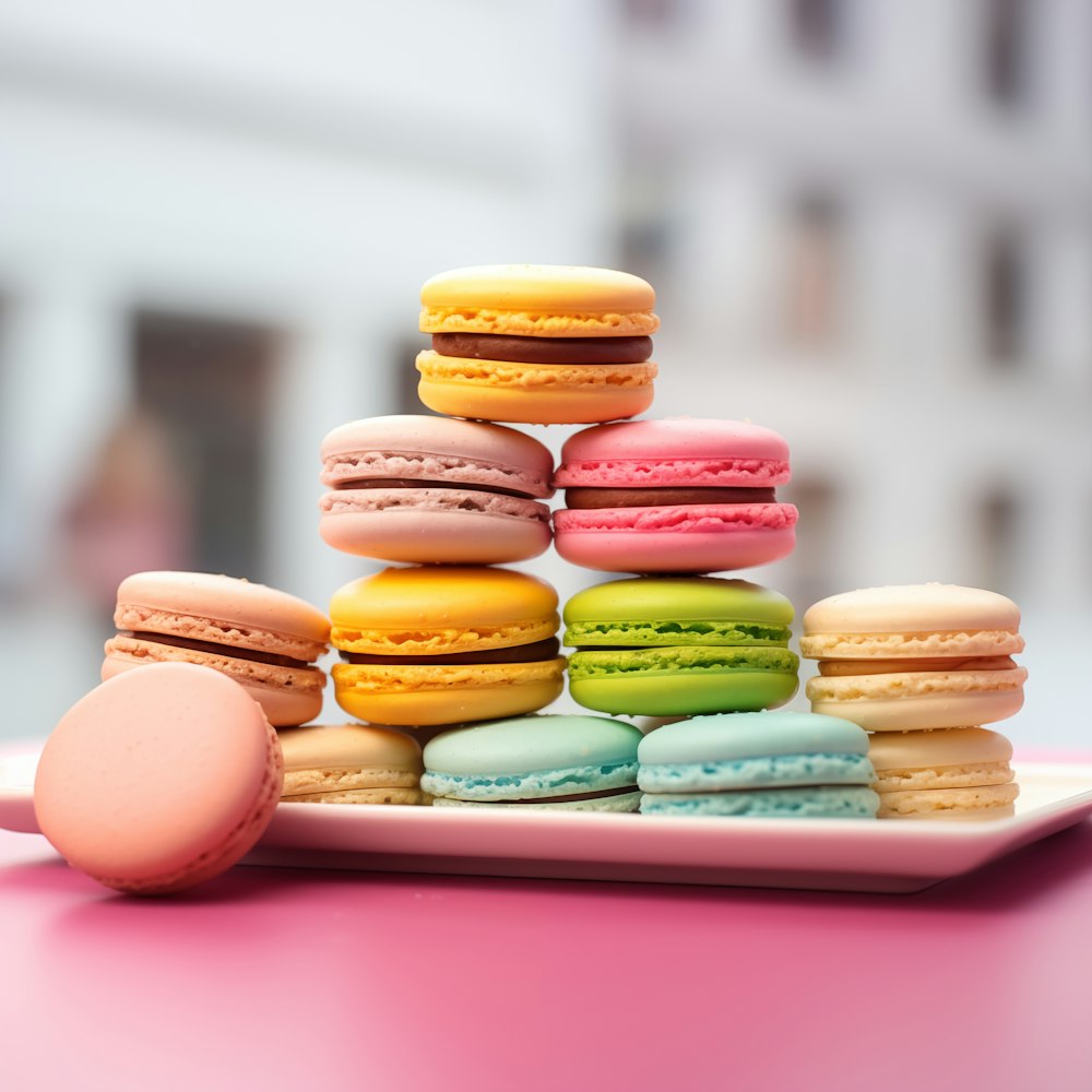 a plate of macaroons on a pink table