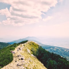 A scenic view of a group trekking through lush mountains.