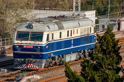 A blue and white diesel locomotive is on the railway tracks, surrounded by lush greenery and power lines. The locomotive has various text and numbers visible on the front and side. A few people are seen in the background near a fence and electrical equipment.