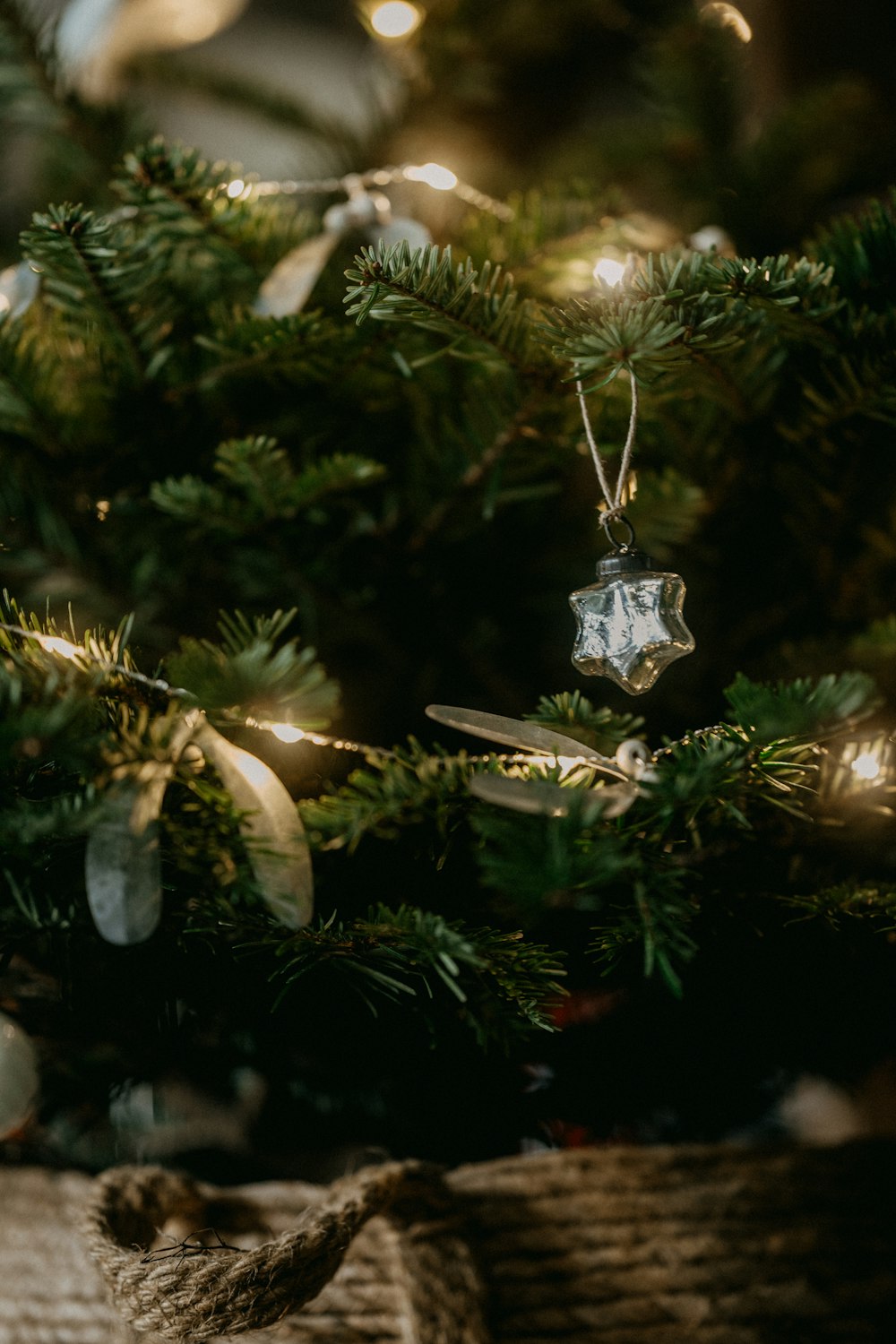 a close up of a christmas tree with ornaments