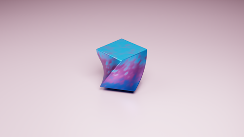 A uniquely shaped geometric object stands on a plain, light-colored surface. The object features a twisted form and is predominantly blue with purple and pink hues. It has a reflective, smooth texture, creating an abstract and artistic appearance.