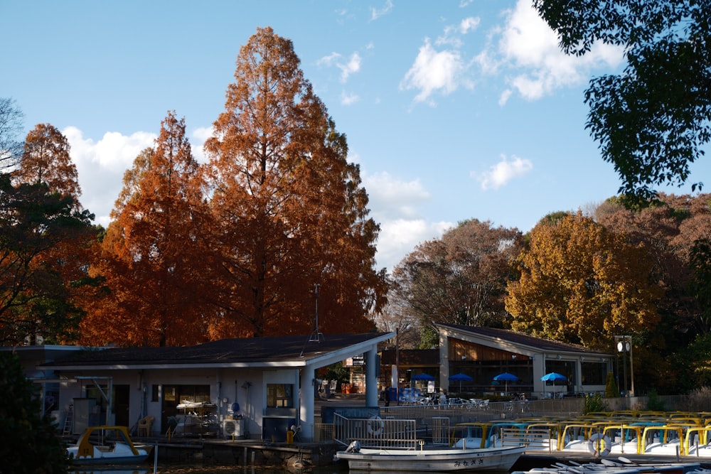 a boat dock with several boats parked in front of it